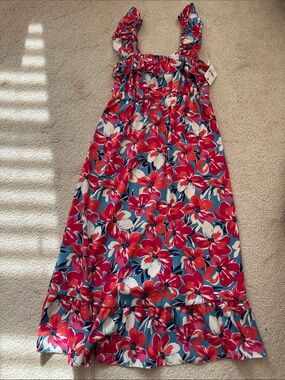 Floral Ruffle Strap Midi Dress - Blue & Pink